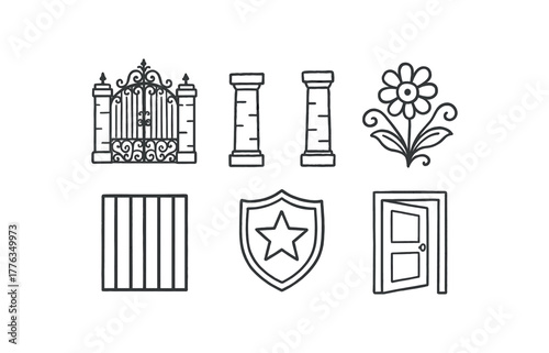 hand drawn cute doodle style line isolated on white background: ornate gate stone pillars floral carving iron bars crest emblem door swing
