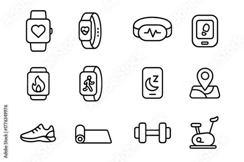 Fitness Tracker Icons. fitness trackers display. Line icon set of fitness trackers display: smartwatch, fitness band, heart rate monitor, pedometer, calorie