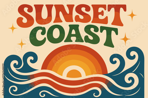 70s Sunset Coast Vibes. Sunset Coast ? 70s Poster; lettering: funky curved fonts; composition: wavy stacked; effects: warm gradients, concentric circles;
