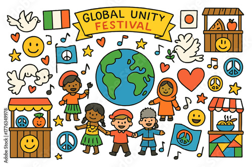 Global Unity Celebration. Global unity festival. Colorful Hand-drawn doodle Children illustration Global unity festival Earth globe, people in costumes, flags,
