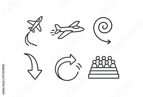 hand drawn cute doodle style line isolated on white background: airshow stunt jet plane spiral trail dive arrow flip motion crowd stand