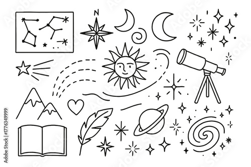 Cosmic Doodle Art. Star maps and cosmic art. Hand-drawn doodle illustration Star maps and cosmic art constellation grid, compass rose, telescope, starburst,