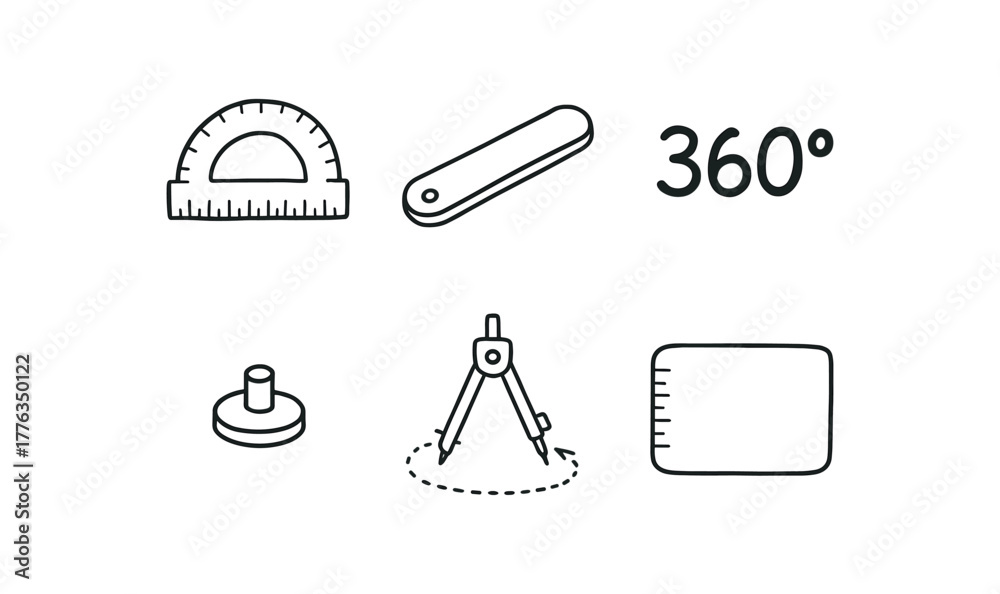 Fototapeta premium hand drawn cute doodle style line isolated on white background: full circle protractor rotating 360 marks pivot pin degree scale desk mat