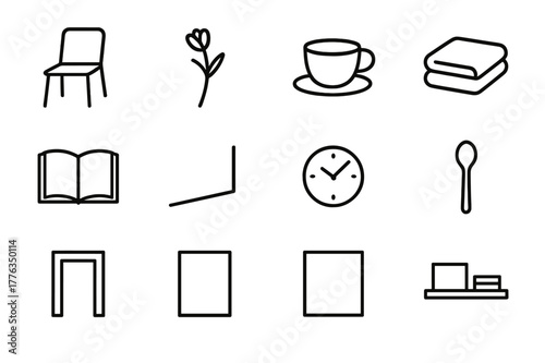 Minimalist Icon Set. Minimalist Moments. Line icon set of Minimalist Moments: empty chair, single flower, ceramic cup, folded towel, open book, plain wall,