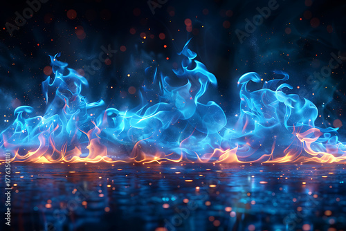 青い炎が揺らめく幻想的な抽象背景（冷たい光とエネルギーの象徴）