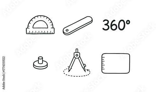 hand drawn cute doodle style line isolated on white background: full circle protractor rotating 360 marks pivot pin degree scale desk mat