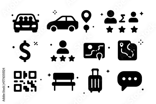 Carpool Icons Collection. Ride-sharing and carpooling. Solid icons set of ride-sharing and carpooling: carpool icon, ride-hailing car, pickup zone, matching