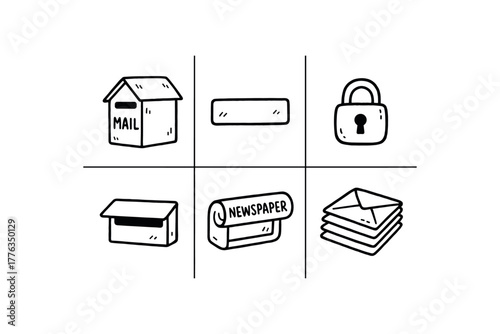 hand drawn cute doodle style line isolated on white background: mailbox slot lid key lock front flap newspaper slot letter stack