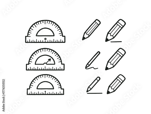 hand drawn cute doodle style line isolated on white background: semicircle protractor degree marks center hole flat edge angle arrow pencil line