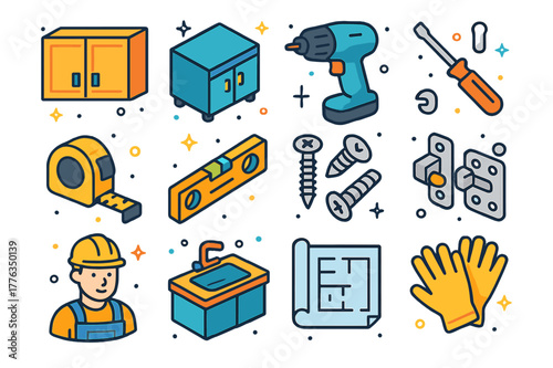 Kitchen Renovation Icons. Kitchen renovation. Colorful isometric vector icons set of kitchen renovation: upper cabinets, lower cabinets, drill, screwdriver,