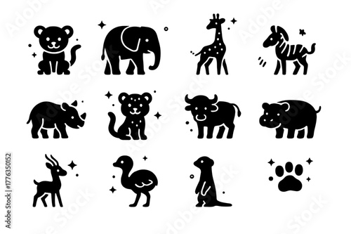 Savanna Baby Icons. Young Animals of the Savanna. Solid icons set of Young Animals of the Savanna: lion cub, baby elephant, giraffe calf, zebra foal, rhino