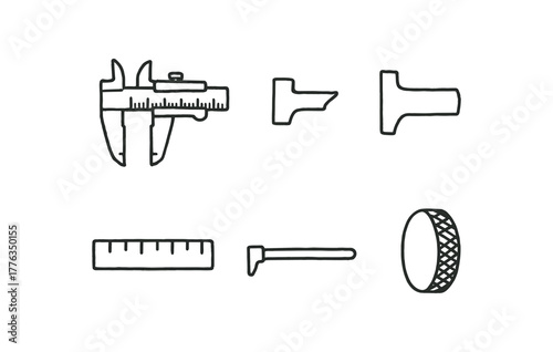 hand drawn cute doodle style line isolated on white background: vernier caliper sliding jaw fixed jaw mm scale depth thumb wheel