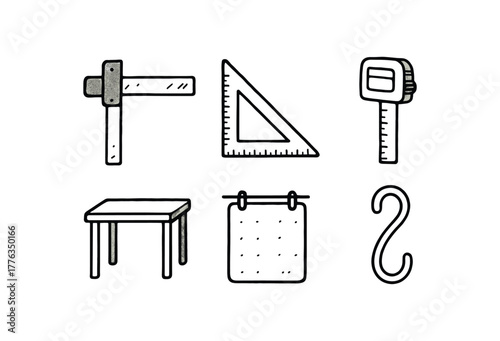 hand drawn cute doodle style line isolated on white background: drafting T clear blade fixed head edge ruler desk line hanging hook