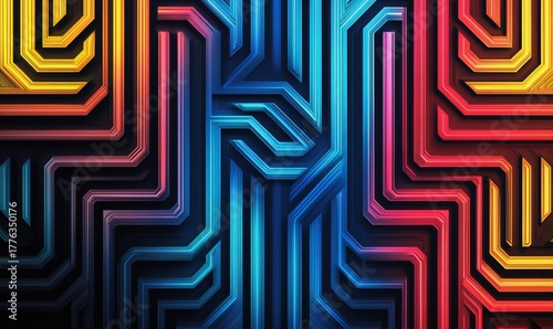 Neon lines forming vibrant patterns, representing futuristic art and design concepts. This dynamic visual captures the energy modern technology, creating visually captivating wallpaper, Generative AI