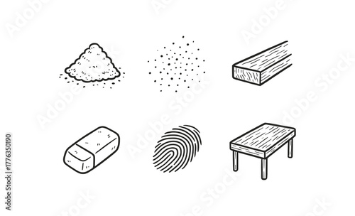 hand drawn cute doodle style line isolated on white background: chalk dust pile scattered powder board edge eraser finger smudge desk top