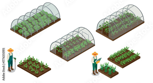 Isometric farming greenhouse and planting scenes with farmers