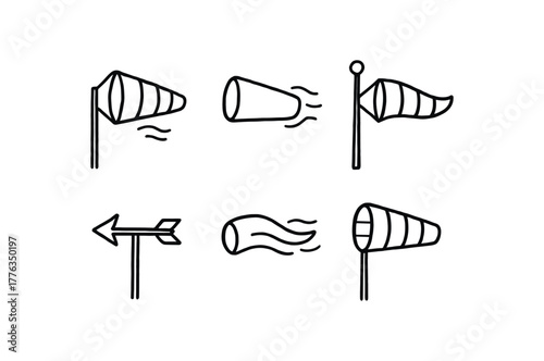 hand drawn cute doodle style line isolated on white background: windsock cone fabric tube pole mount wind arrow flutter lines striped body