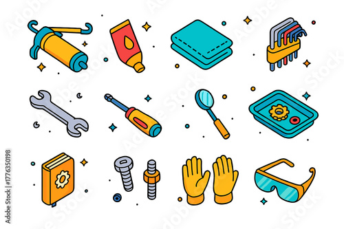 Outdoor Play Maintenance. outdoor play maintenance. Colorful isometric vector icons set of outdoor play maintenance: grease gun, lubricant tube, microfiber