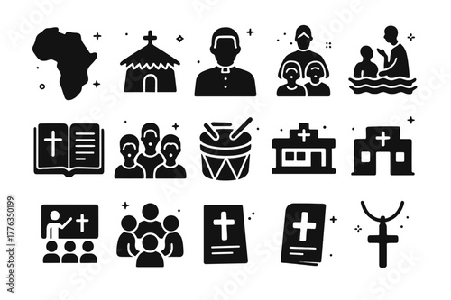 Christian Icons in Africa. Christianity in Africa. Solid icons set of Christianity in Africa: Africa map, thatched church, local pastor, river baptism, Bible