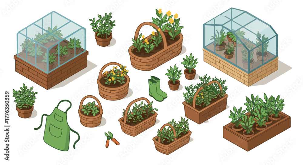 Fototapeta premium Isometric garden elements greenhouses, plants, and tools for urban gardening