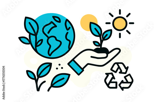 Sustainable Growth Illustration. Sustainable development and environmental responsibility. A green Earth with a few abstract leaves and branches, a hand