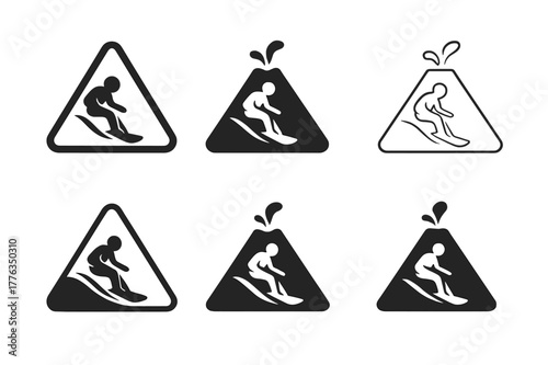Volcano Boarding Logos. Volcano boarding. Set Logo of Volcano boarding: rider carving ash slope. harmonious logo variations of the same emblematic concept,