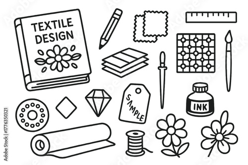 Textile Design Elements. Textile design. Hand-drawn doodle illustration textile design sketchbook, pencil, ruler, swatches, pattern grid, brush, ink bottle,