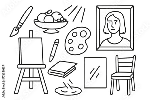 Art Studio Sketch. Realism painting. Hand-drawn doodle illustration realism painting brush, fruit bowl, portrait, light rays, frame, palette, easel, pencil,