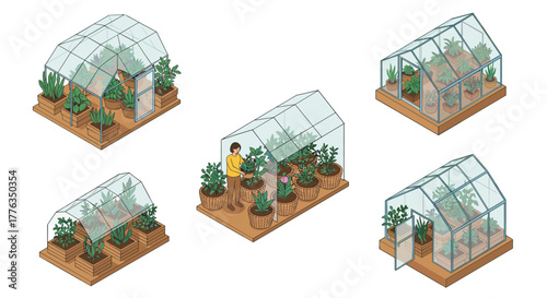 Isometric greenhouse collection with plants and gardener