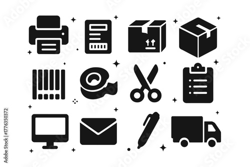 Courier Service Icons. Courier Services. Solid icons set of Courier Services: printer, shipping label, package, box, barcode, tape dispenser, scissors,