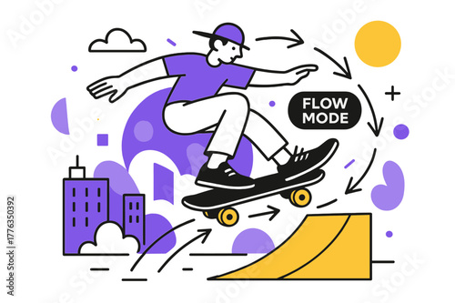 Dynamic Skateboarding Adventure. People engaging in sports and recreational activities ? Skateboarding downtown. A skater kicks off from a ramp; arrows mark