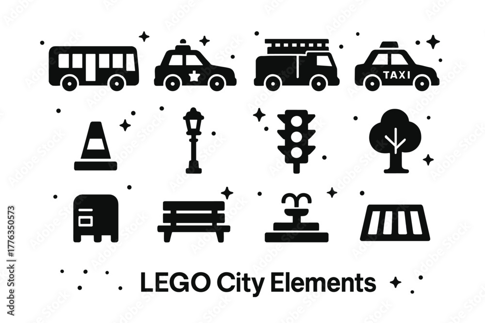 Fototapeta premium City Icons. City Elements. Solid icons set of City Elements: bus, police car, fire truck, taxi, construction cone, lamppost, stoplight, tree,