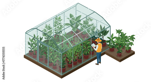 Isometric greenhouse with plants and gardener using tablet technology