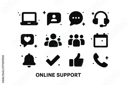 Online Support Icons. Online Support Groups. Solid icons set of Online Support Groups: laptop, video call, chat bubble, headphones, message heart, community