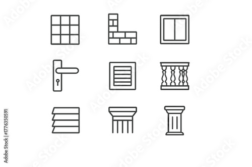 Architectural Icon Set. Architectural Details. Line icon set of Architectural Details: facade texture, corner trim, window frame, door handle, vent cover,