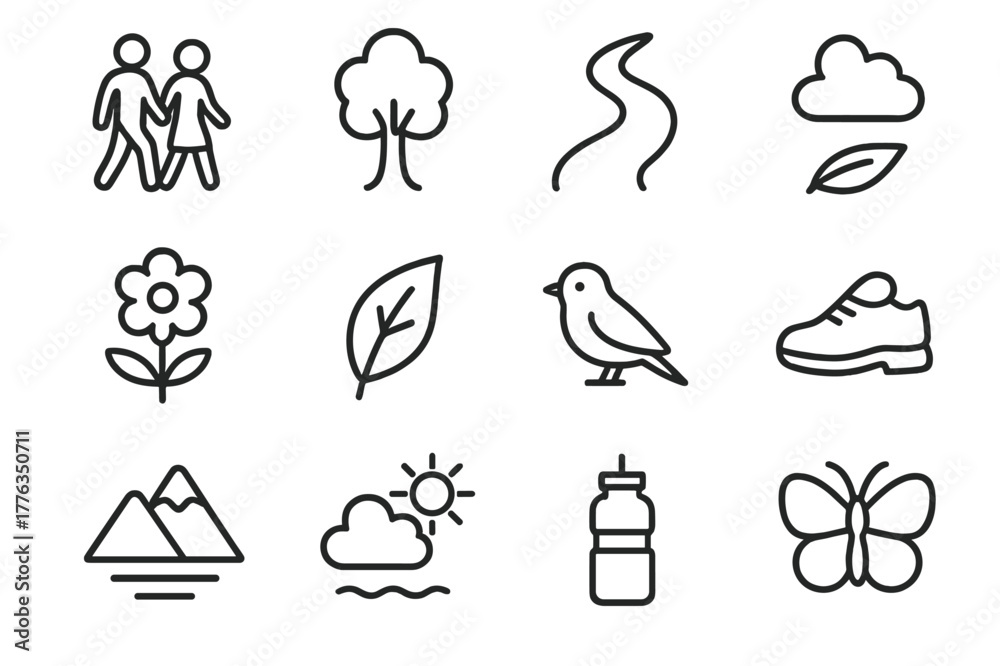 Obraz premium Nature Walk Icons. Nature walk. Line icon set of nature walk: couple, tree, path, flower, leaf, bird, mountain, cloud, butterfly, sun, water bottle, shoe. All