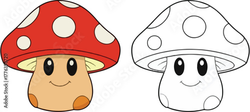 Friendly cartoon mushroom character illustration including black and white outline version for coloring book page isolated PNG with Transparent Background