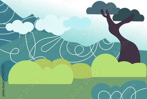 Fantasy forest vector illustration with magical trees, glowing lights, and mystical atmosphere. Enchanted landscape digital design perfect for posters, book covers, wallpapers, games, and fairy-tale p