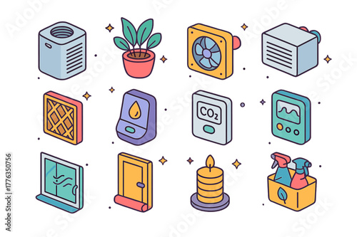 Indoor Air Quality Icons. Indoor air quality improvements. Colorful isometric vector icons set of indoor air quality improvements: HEPA air purifier,