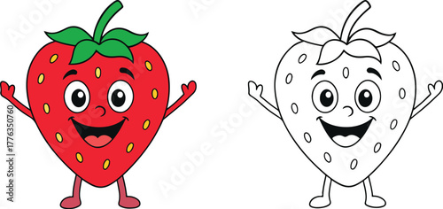 Cute happy strawberry fruit mascot cartoon character and coloring page vector illustration isolated PNG with Transparent Background