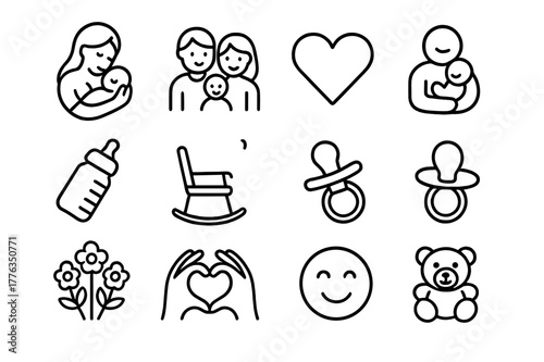 Parental Love Icons. Parental love. Line icon set of parental love: mother holding baby, family, heart, hug, baby bottle, rocking chair, pacifier, flowers,
