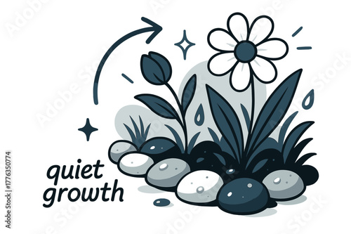 Serene Garden Corner. Pebble ? Garden Corner. Pebbles line a flower bed with soft shadows; droplets glint after rain. Label ?quiet growth? in small script