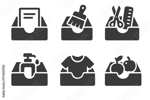 Drawer Contents Icons. Cleaning Out a Drawer. Set Logo of Drawer Contents: Minimal outline, Negative space, Flat solid, Symmetrical form, Stylized detail,