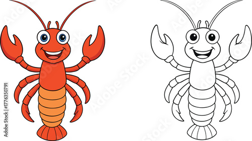 Cute cartoon lobster coloring book page character showing a happy mascot design isolated PNG with Transparent Background