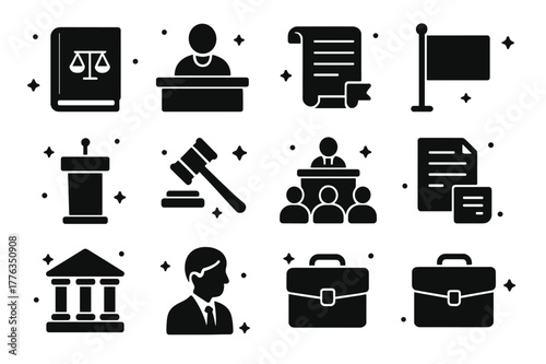 Civil Law Icon Set. Courtrooms in civil law systems. Solid icons set of courtrooms in civil law systems: civil code book, judge?s desk, legal statute scroll,