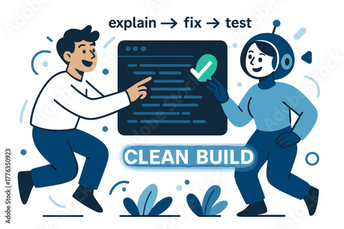 AI Code Aid. AI Assistants ? Code Helper. The bot highlights a neat code block while a green check appears; arrows label ?explain > fix > test?. Caption ?clean