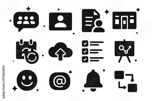 Collaboration Icons Set. Collaboration and communication. Solid icons set of collaboration and communication: team chat bubble, video call screen, shared