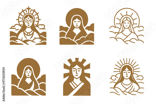 Ancient Deities Logos. Ancient gods and goddesses in a mystical landscape. Set Logo of Ancient gods and goddesses in a mystical landscape: Amaterasu rising