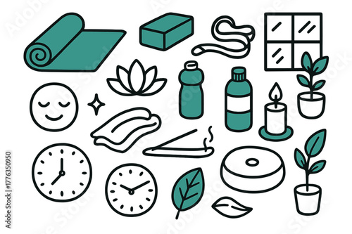 Yoga Essentials Doodle. Yoga flow setup. Hand-drawn doodle illustration yoga flow setup [yoga mat (accented), block (accented), strap, water bottle (accented),