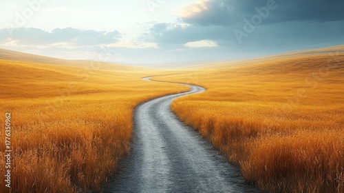 Winding dirt road amidst golden fields under a dramatic, cloud-filled sky